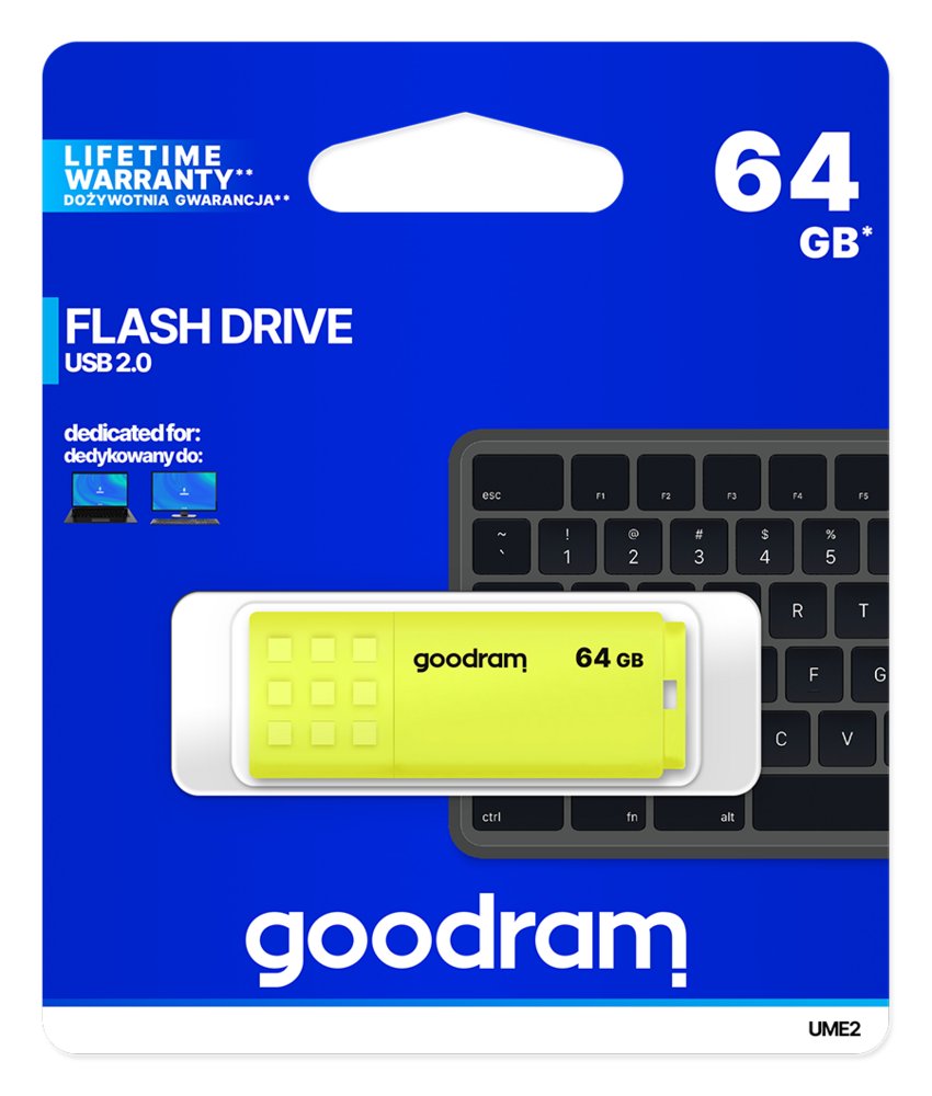 Goodram UME2 | USB-A 2.0 Flash Drive | 64GB | tot 20 MB/s lezen | tot 5 MB/s schrijven | Geel
