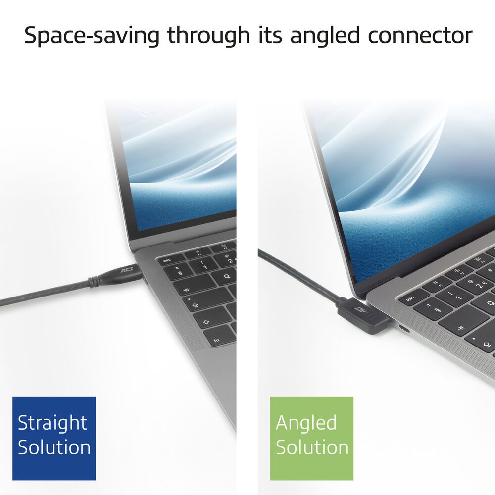 ACT AC7481 | USB 3.2 Gen 2 Kabel | USB-C (haaks links/rechts) naar USB-C (haaks boven/beneden) | 60W | 10Gbps | 1m | Zwart