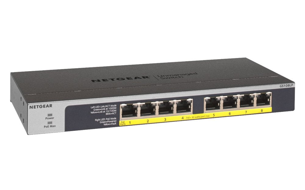NETGEAR GS108LP | Unmanaged Switch | 8 Poorten | Gigabit Ethernet (10/100/1000 Mbps) | 8x PoE+ (60W) | FlexPoE | Fanless | 1U