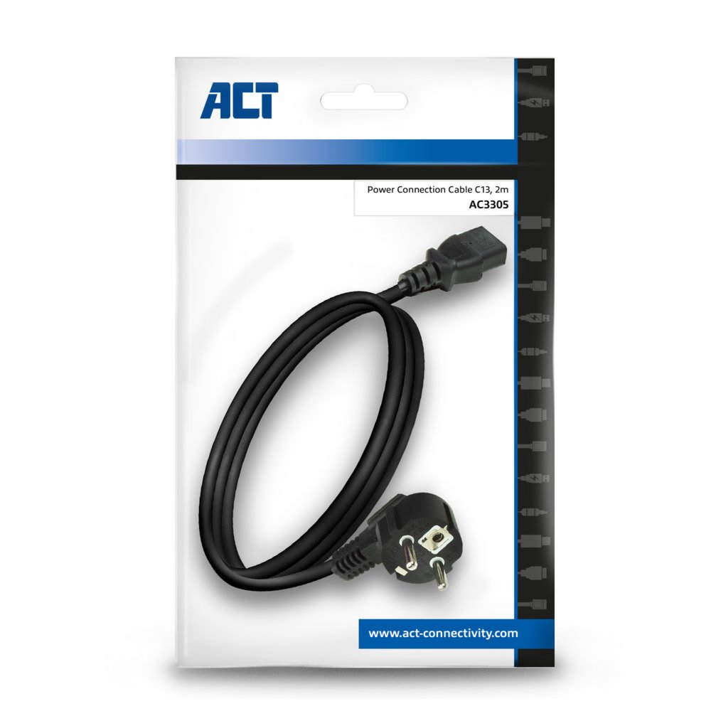 ACT AC3305 | Elektriciteitssnoer | 2 Meter | Netstekker Type F naar C13 | Zwart