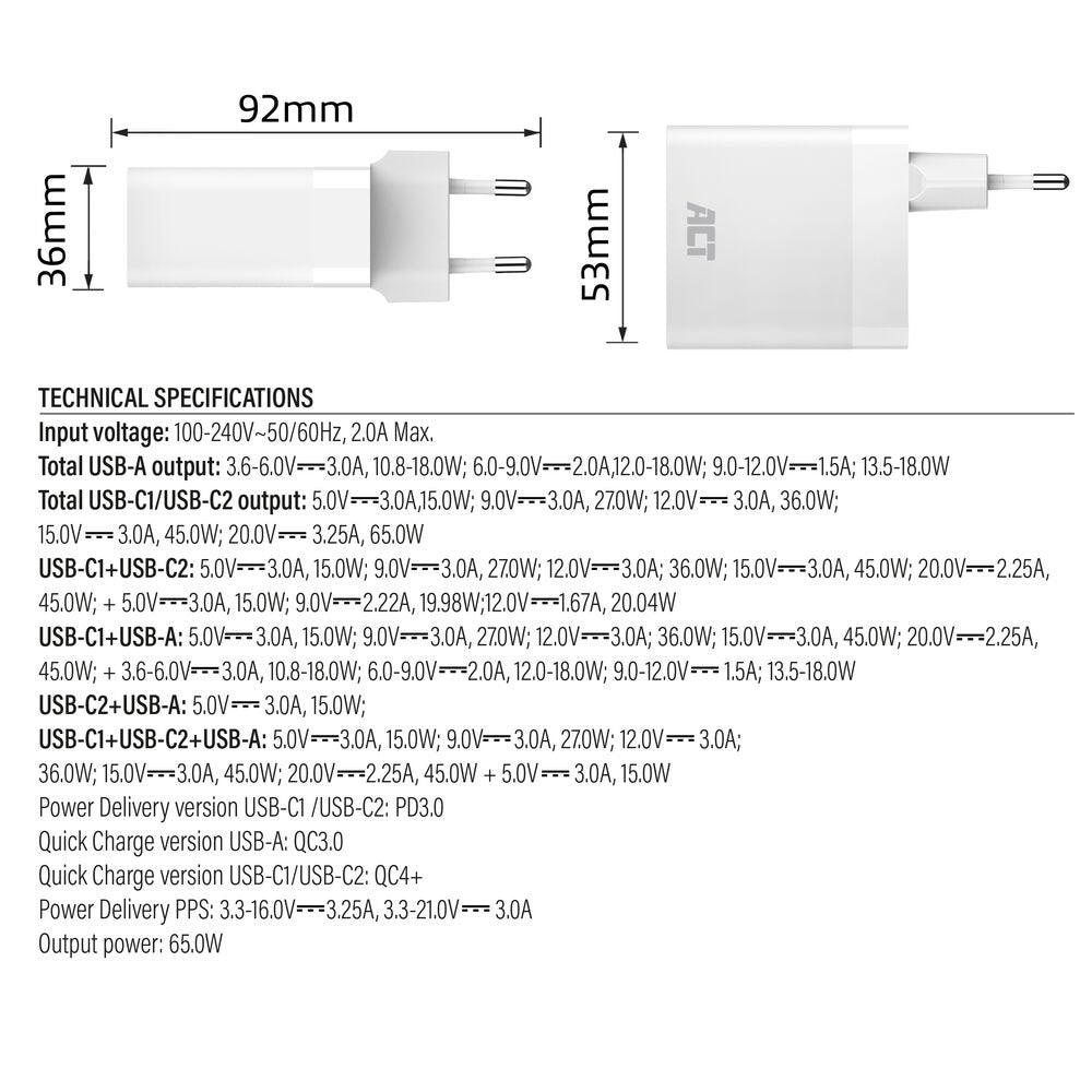 ACT AC2170 USB-C/USB-A Lader | 3-Poorts met PPS, QuickCharge & GaNFast | 65W