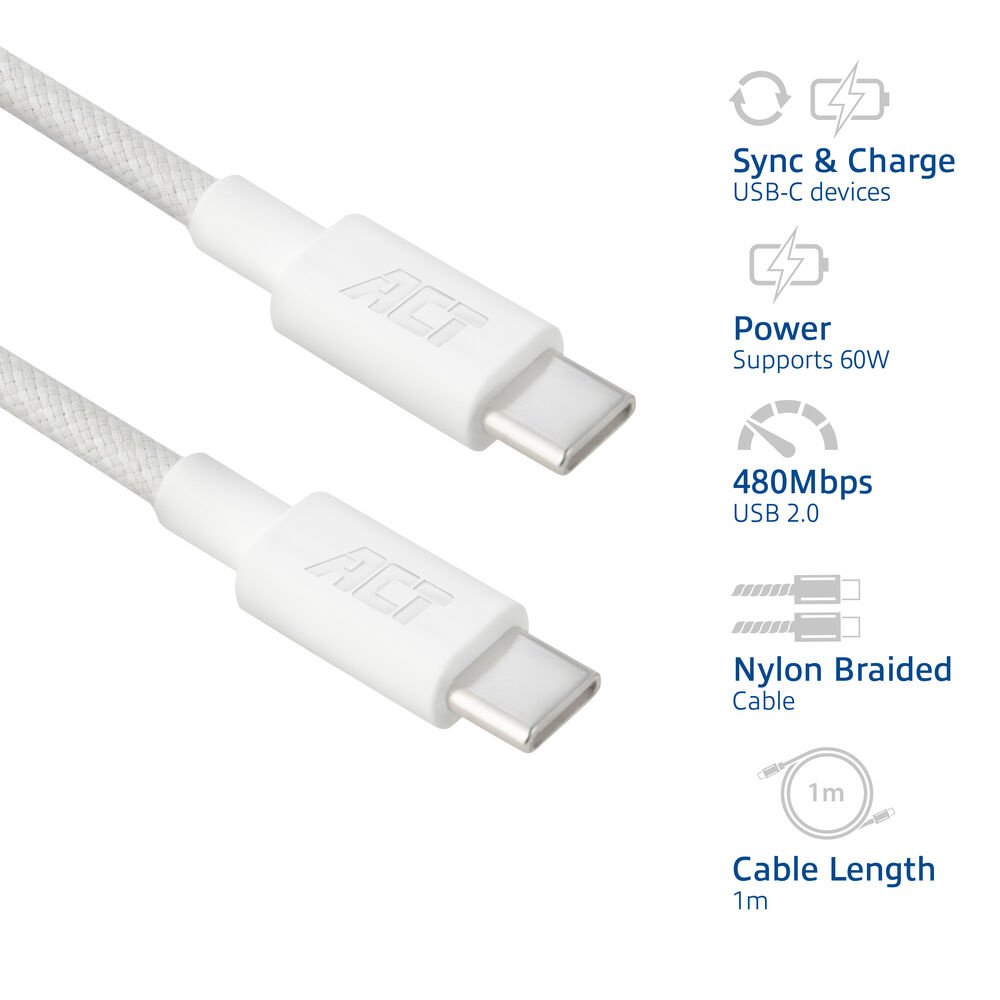 ACT AC3080 | USB 2.0 Kabel | USB-C naar USB-C | 60W | 480Mbps | Wit | 1 Meter