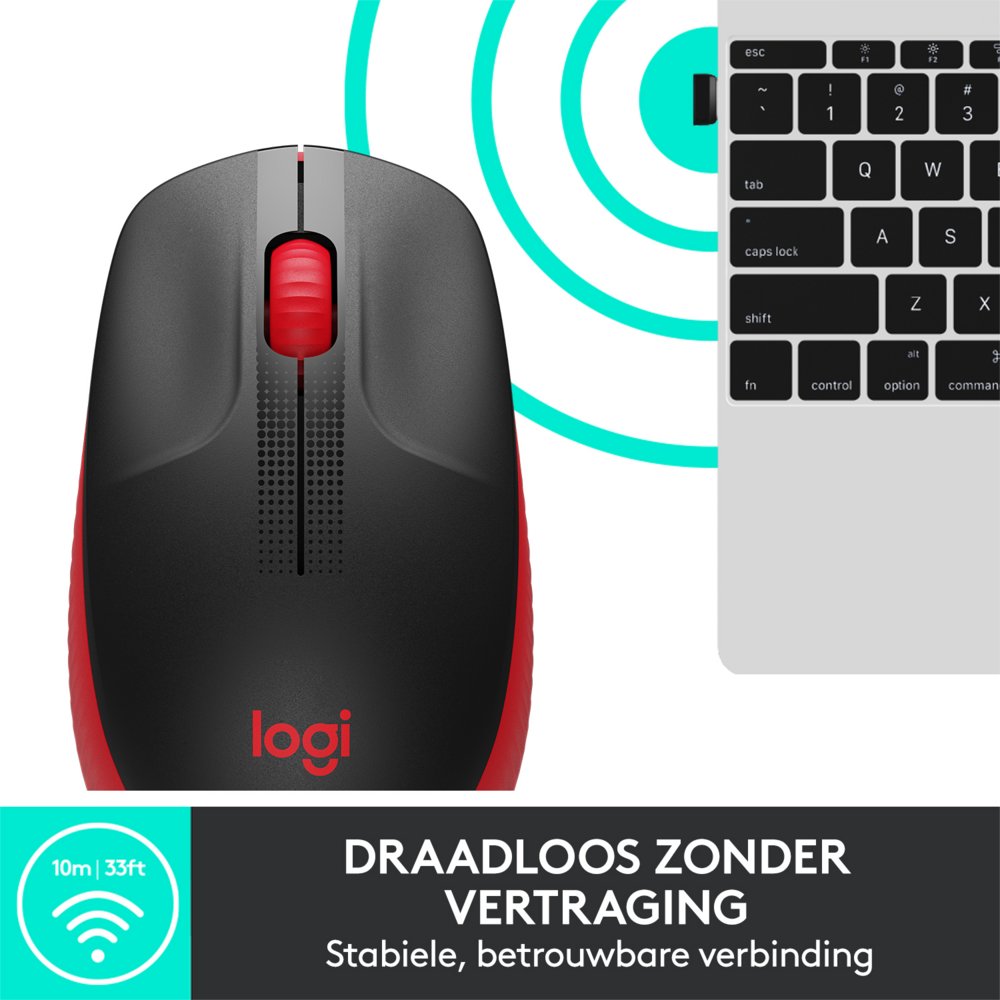 Logitech M190 | Draadloze Muis | Links- en Rechtshandig | RF | 1000 DPI | Zwart/Rood