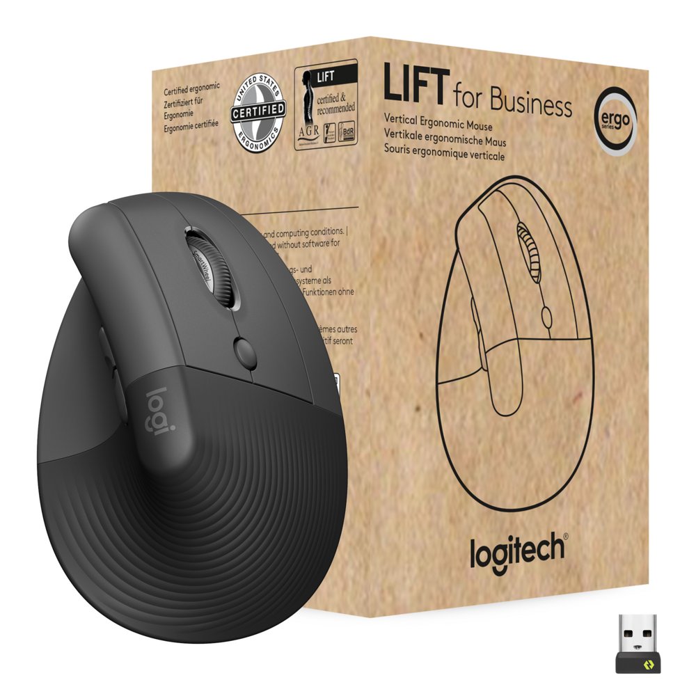 Logitech Lift for Business | Ergonomische Draadloze Muis | Rechtshandig | RF + Bluetooth | 4000 DPI | Grafiet