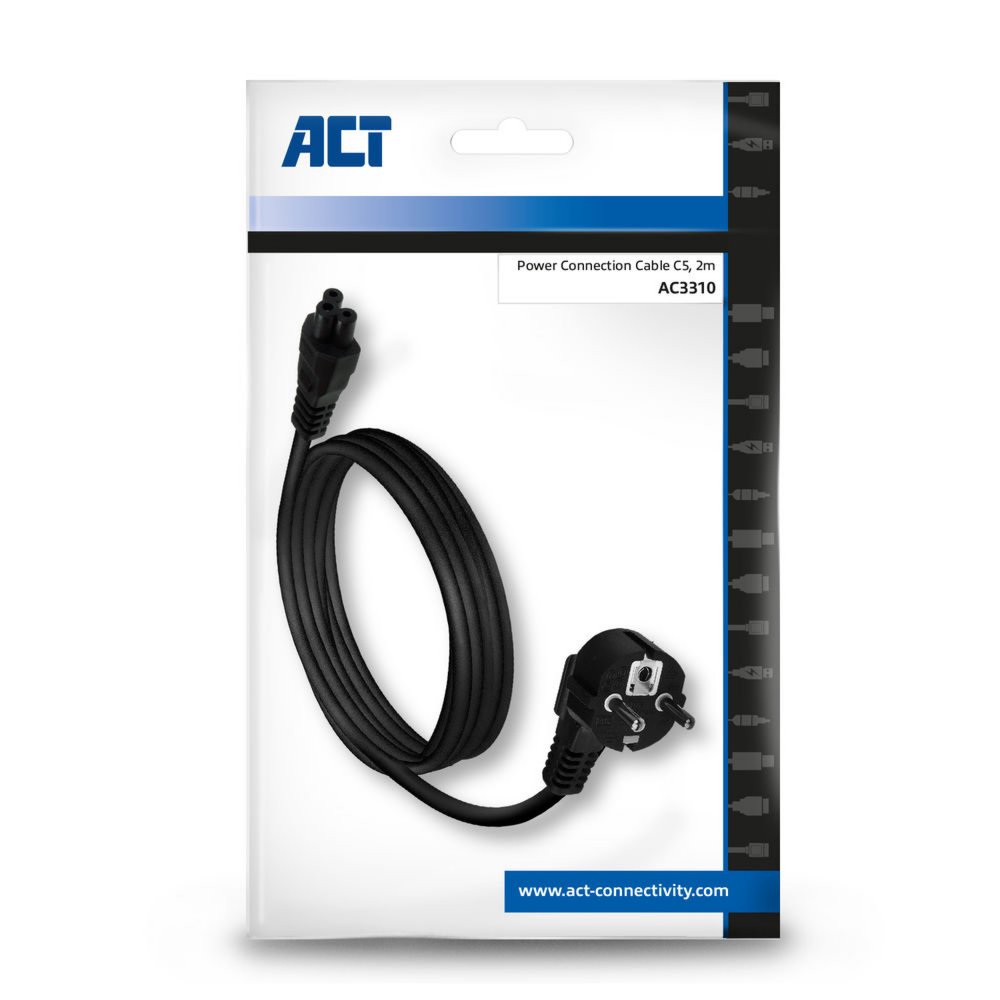 ACT AC3310 | Elektriciteitssnoer | 2 Meter | CEE7/7 naar C5 Stekker (3-Pin) | Zwart