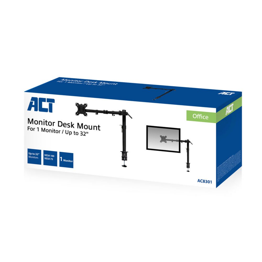 ACT AC8301 | Verstelbare Monitor-bureaubeugel | Tot 32" | Max 8kg | VESA 100x100 | 1 Monitor