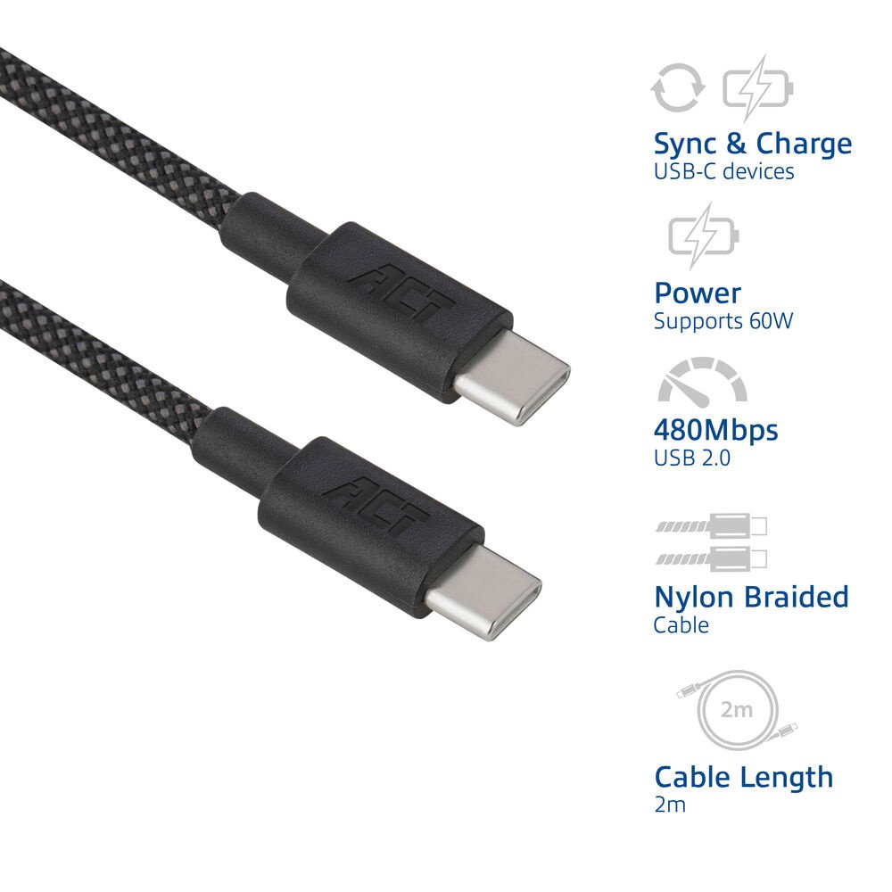 ACT AC3083 | USB 2.0 Kabel | USB-C naar USB-C | 60W | 480Mbps | Zwart | 2 Meter