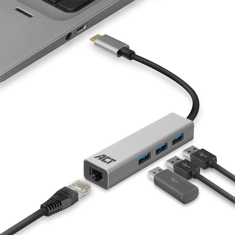 ACT AC7055 | 3-Poorts USB-C 3.2 (USB 3.0) Hub | Gigabit Ethernet Poort