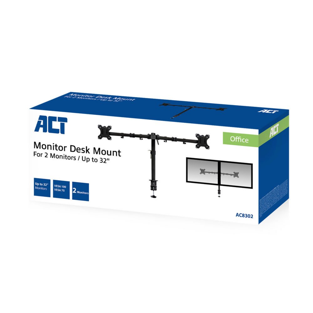 ACT AC8302 | Verstelbare Monitor-bureaubeugel | Tot 32" | Max 8kg | VESA 100x100 | 2 Monitoren