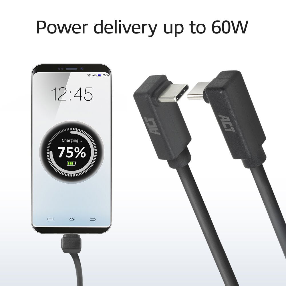 ACT AC7476 | USB 3.2 Gen 2 Kabel | USB-C (haaks boven/beneden) naar USB-C (haaks boven/beneden) | 60W | 10Gbps | 0,5m | Zwart