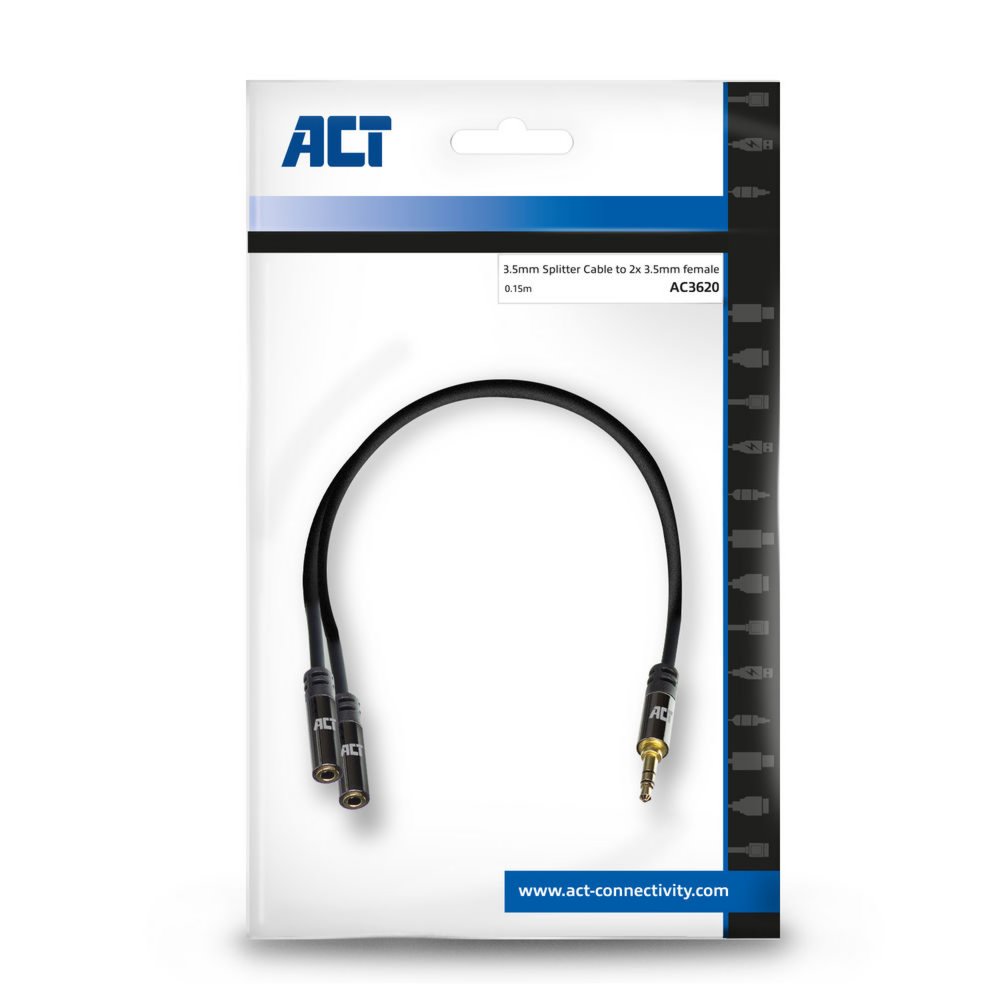 ACT AC3620 | 3.5mm Splitterkabel | 0,15 Meter | 1x Male naar 2x Female | Zwart