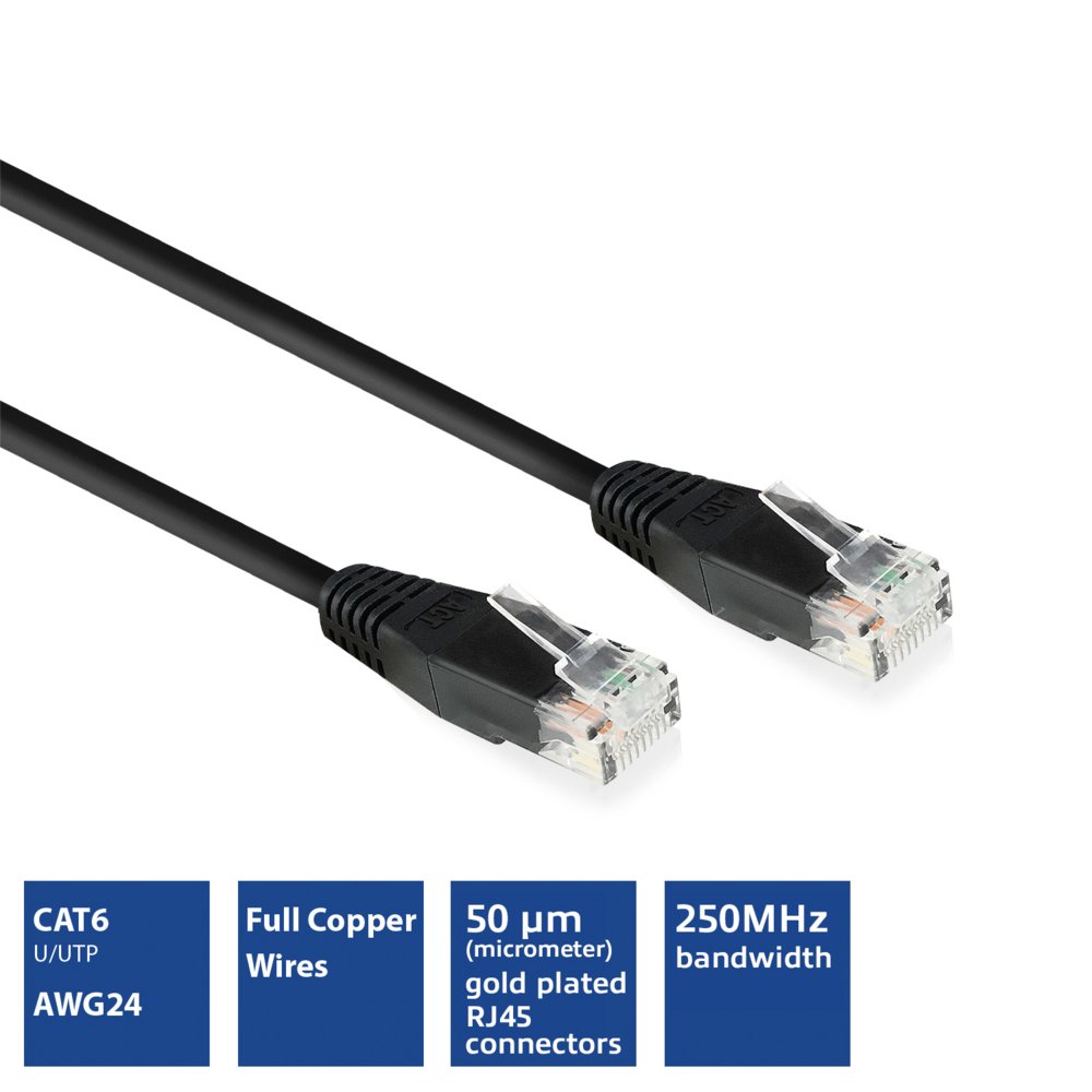 ACT netwerkkabel | Patchkabel | Cat6 | U/UTP (UTP) | 1 m | Zwart | RJ45 connectoren