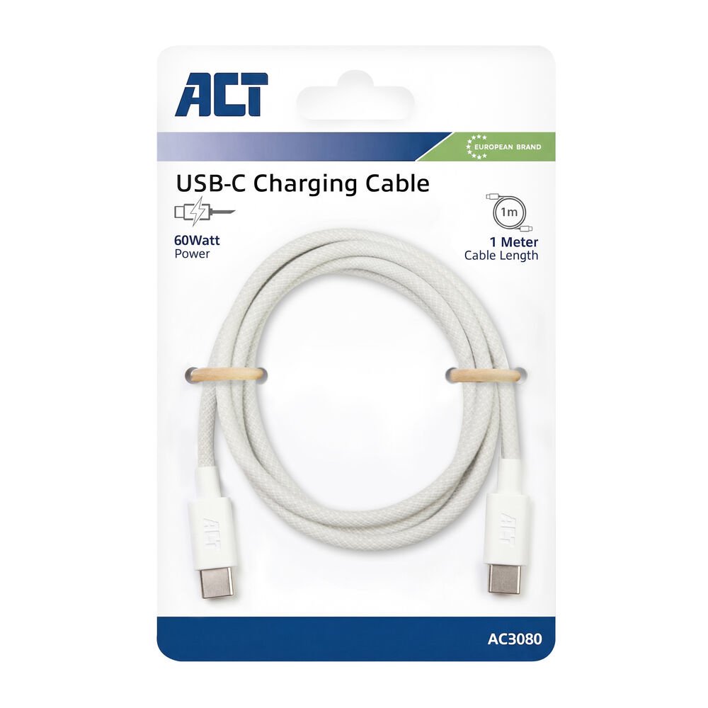 ACT AC3080 | USB 2.0 Kabel | USB-C naar USB-C | 60W | 480Mbps | Wit | 1 Meter