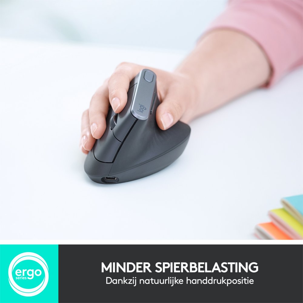 Logitech MX Vertical | Draadloze Ergonomische Muis | Rechtshandig | RF + Bluetooth + USB-C | 4000 DPI suggestie | Grafiet