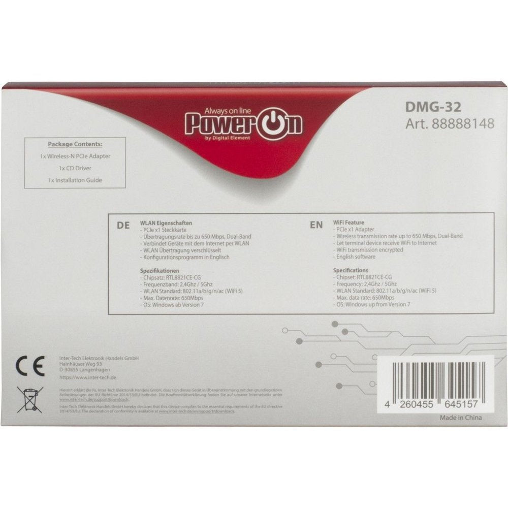 Inter-Tech DMG-32 | Interne WLAN-adapter | PCIe x1 | Wi-Fi 5 (802.11ac) | Dual-band 2,4 & 5 GHz | 650 Mbps | 2x 2dBi antennes