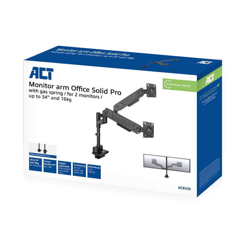 ACT AC8330 | Monitorarm voor 2 Monitoren tot 34" | 16kg per Scherm | Gasveer | VESA 75x75 / 100x100