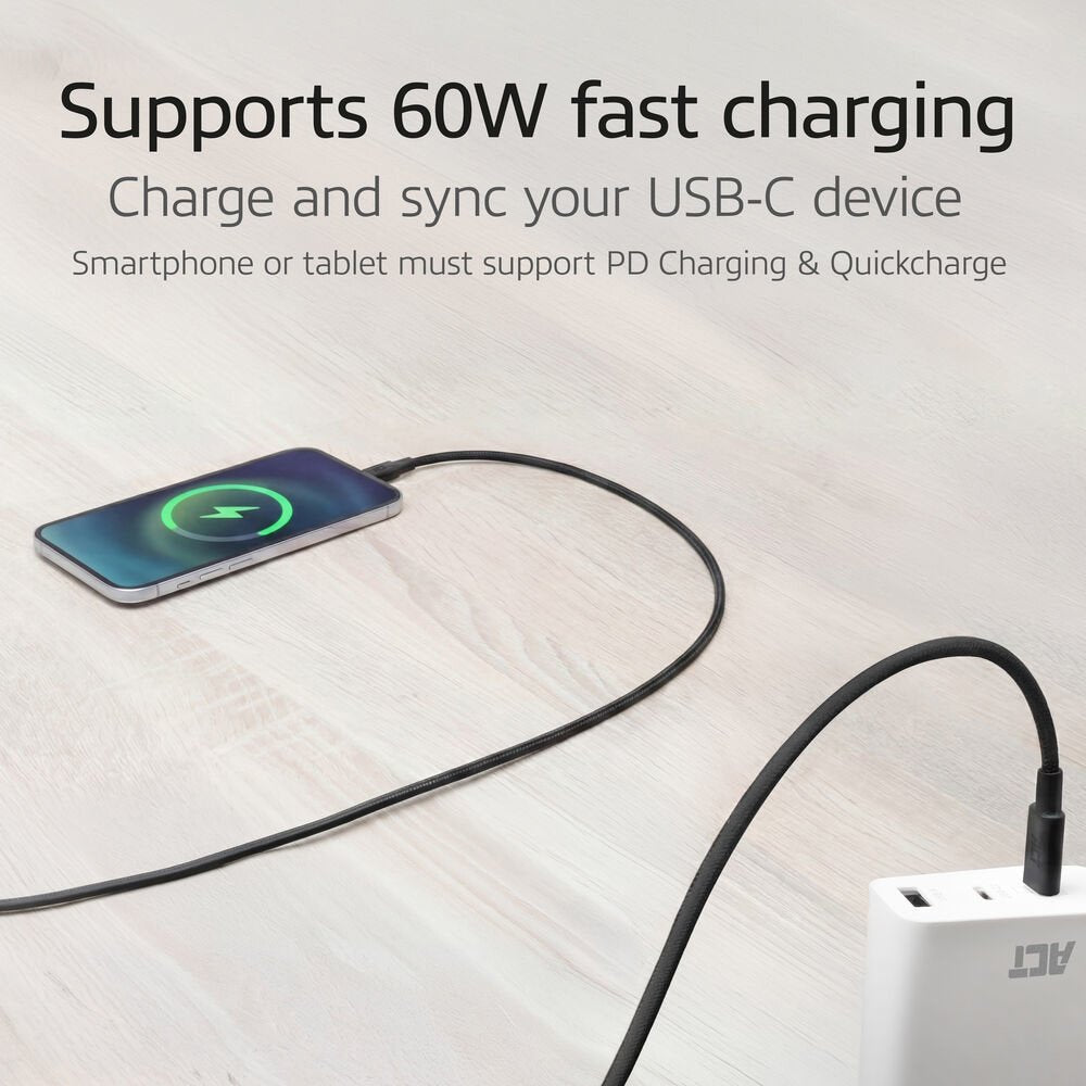 ACT AC3082 | USB 2.0 Kabel | USB-C naar USB-C | 60W | 480Mbps | Zwart | 1 Meter