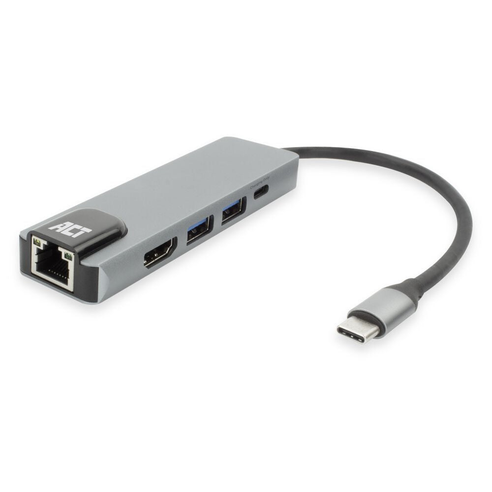 ACT AC7091 | USB-C 4K Docking Station | HDMI 2.0 (4K@60 Hz) + Gigabit Ethernet + 2× USB-A + USB-C PD Pass-Through | Aluminium