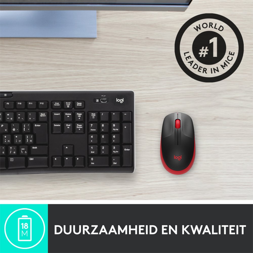 Logitech M190 | Draadloze Muis | Links- en Rechtshandig | RF | 1000 DPI | Zwart/Rood