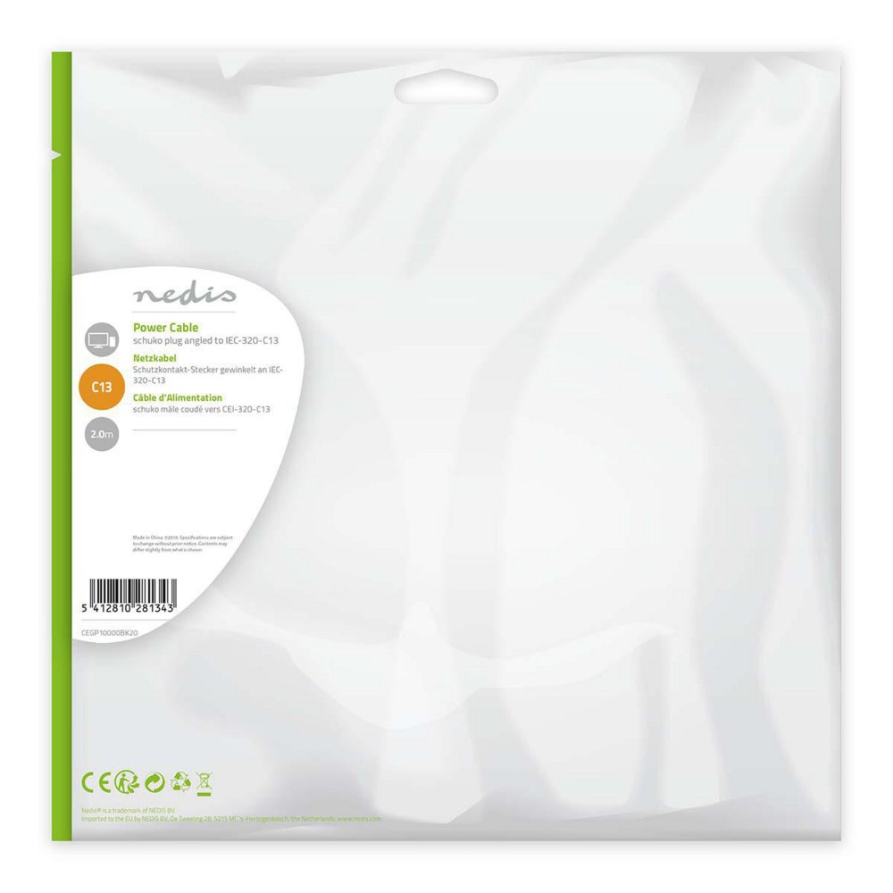 Nedis CEGP10000BK20 | 2 m Stroomkabel | Type F (CEE 7/7) Haaks naar IEC-320-C13 | Zwart | 10A | PVC
