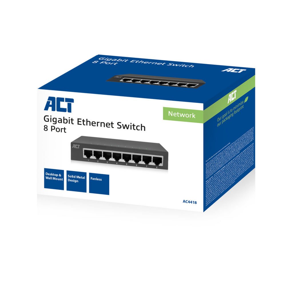 ACT AC4418 | Unmanaged Switch | 8 Poorten | Gigabit Ethernet | Grijs | Plug & Play
