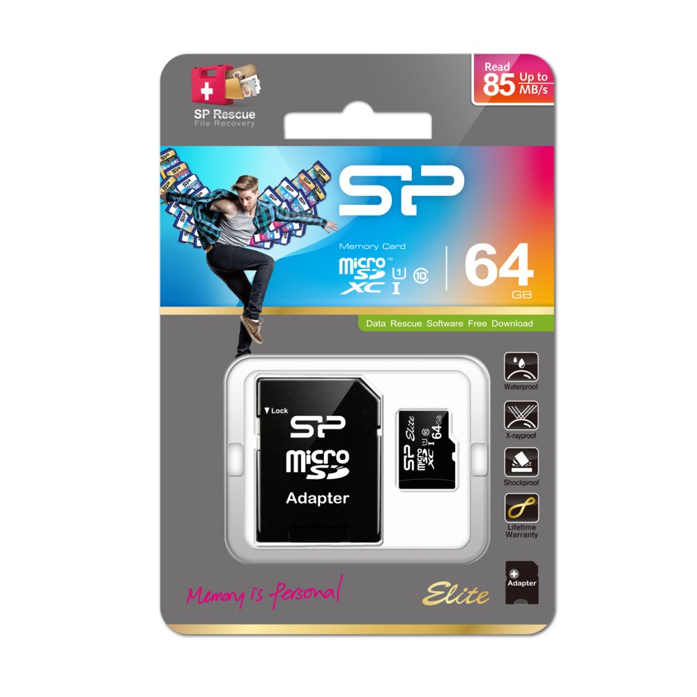 Silicon Power Elite | MicroSDXC | 64GB | Class 10 | UHS-I U1 | Tot 85MB/s | Inclusief SD-adapter | Zwart
