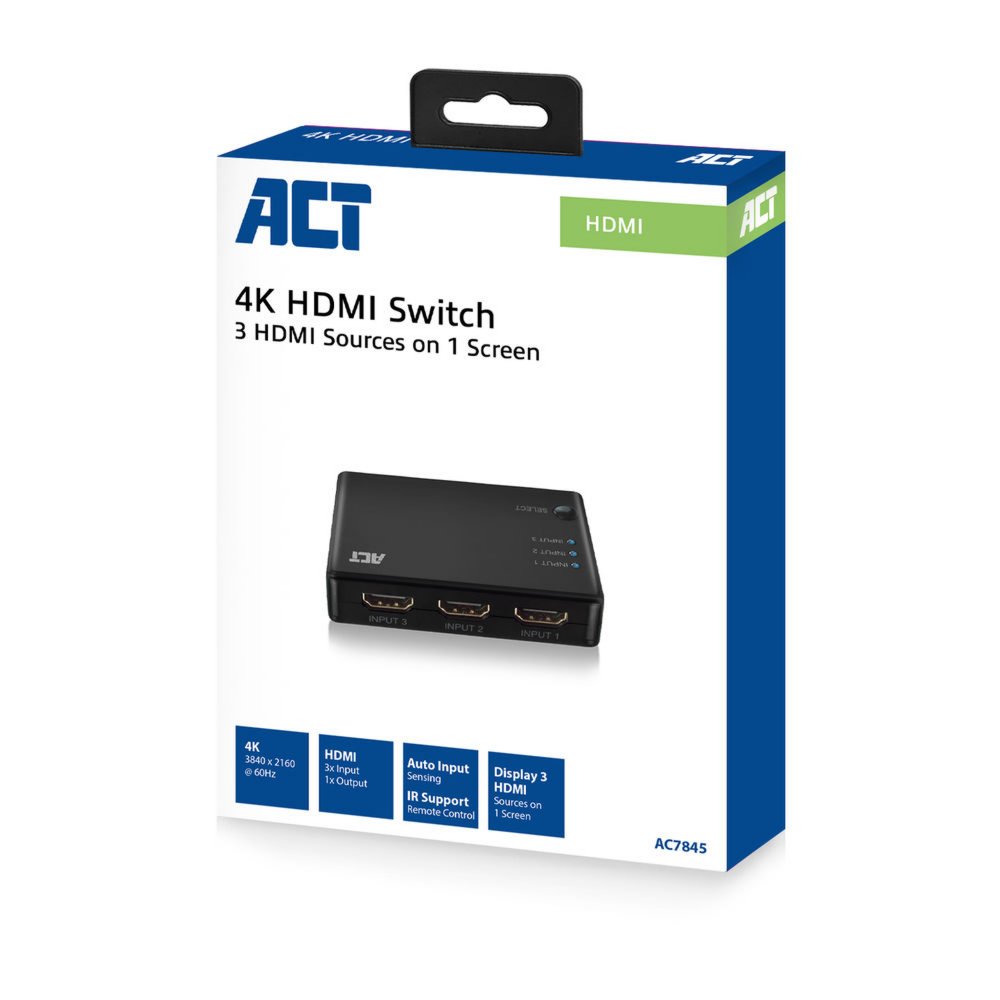 ACT AC7845 HDMI Switch | 3 Ingangen | 1 Uitgang | 4K @ 30Hz | Inclusief Afstandsbediening