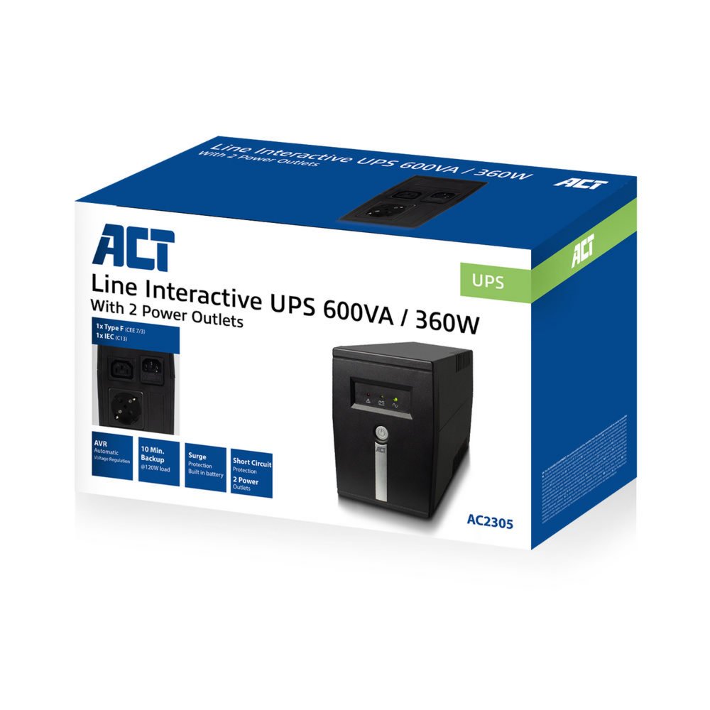 ACT AC2305 Line-Interactive UPS | 600 VA | 2 Stopcontacten (1x C13, 1x Type F) | AVR Spanningstabilisatie | Bescherming tegen