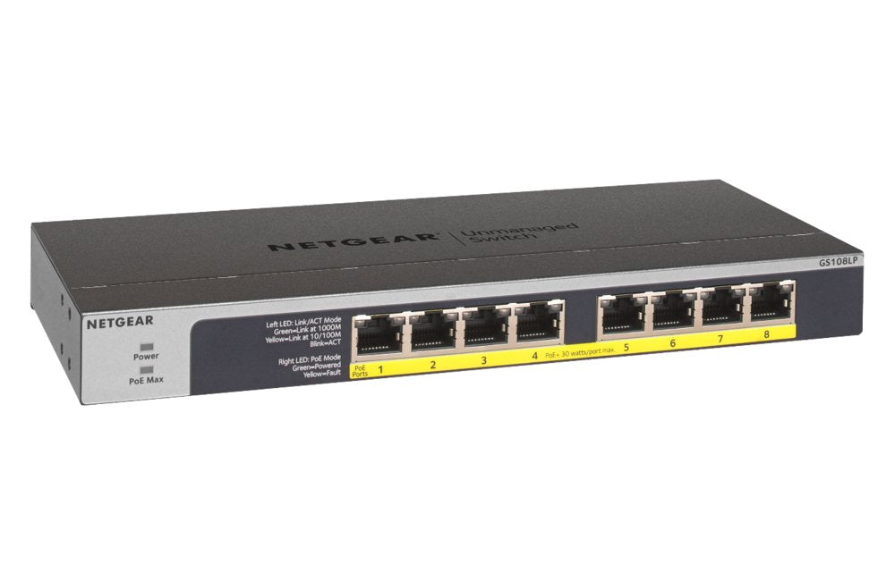 NETGEAR GS108LP | Unmanaged Switch | 8 Poorten | Gigabit Ethernet (10/100/1000 Mbps) | 8x PoE+ (60W) | FlexPoE | Fanless | 1U