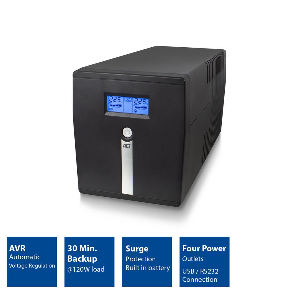 ACT Line-Interactive UPS AC2310 | 1000 VA Vermogen | 4 Uitgangen | Spanningstabilisatie met AVR | Beveiliging bij Netstoringe