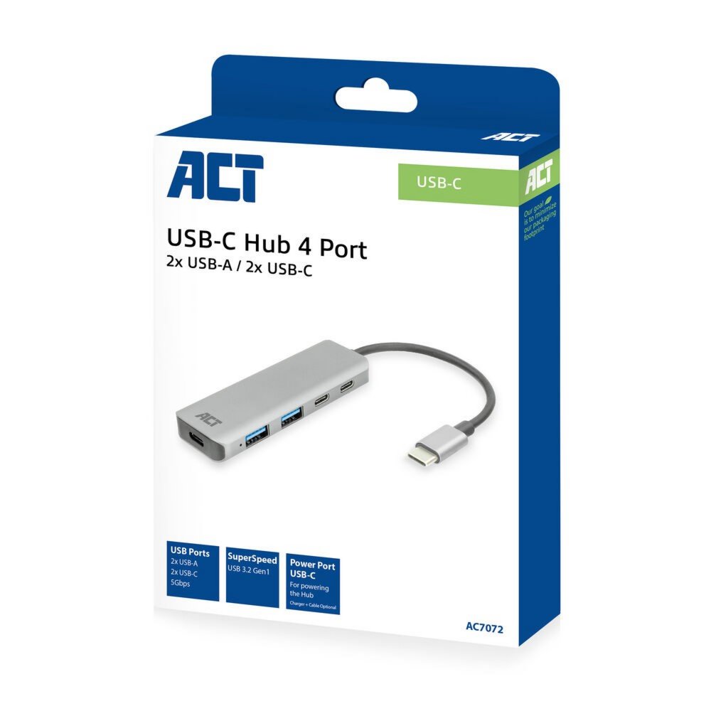 ACT AC7072 USB-C Hub 3.0 | 2x USB-A & 2x USB-C Poorten | 5 Gbps | Aluminium Behuizing | 12 cm Kabel