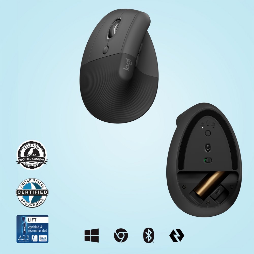 Logitech Lift | Ergonomische Draadloze Muis | Linkshandig | RF + Bluetooth | 4000 DPI | Grafiet