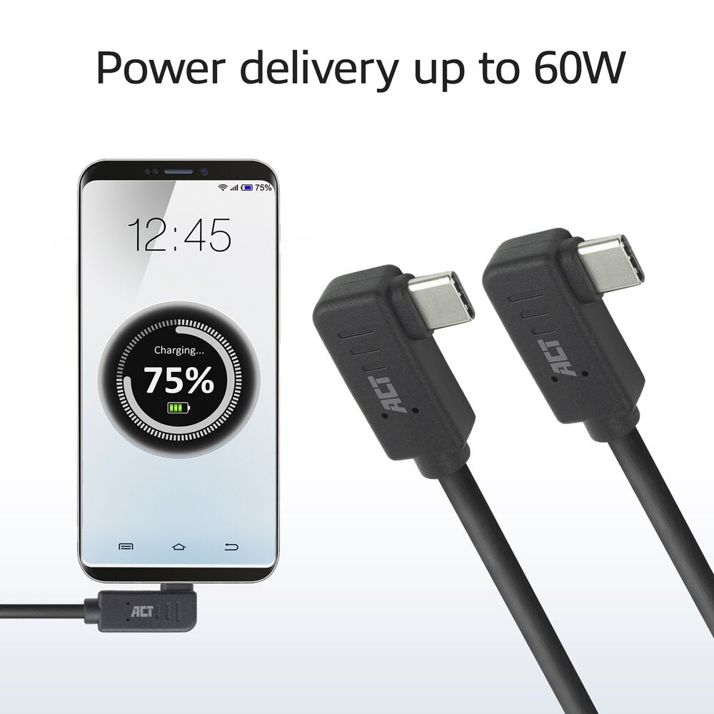 ACT AC7486 | USB 3.2 Gen 2 Kabel | USB-C (haaks links/rechts) naar USB-C (haaks links/rechts) | 60W | 10Gbps | 0,5m | Zwart