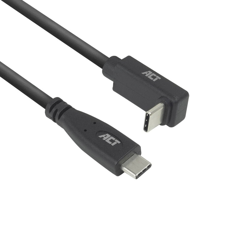 ACT AC7471 | USB 3.2 Gen 2 Kabel | USB-C (recht) naar USB-C (haaks boven/beneden) | 60W | 10Gbps | 1m | Zwart