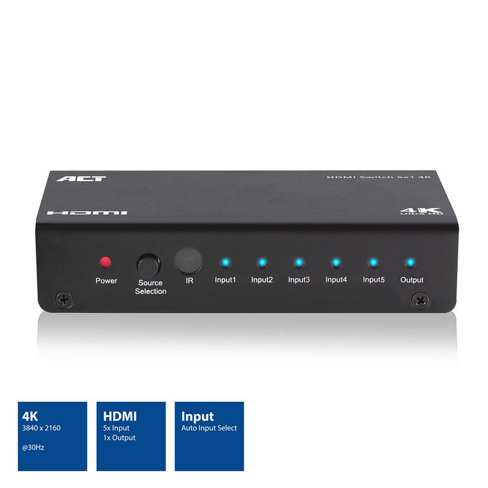 ACT AC7840 HDMI Switch | 5 Ingangen | 1 Uitgang | 4K @ 30Hz | Inclusief Afstandsbediening