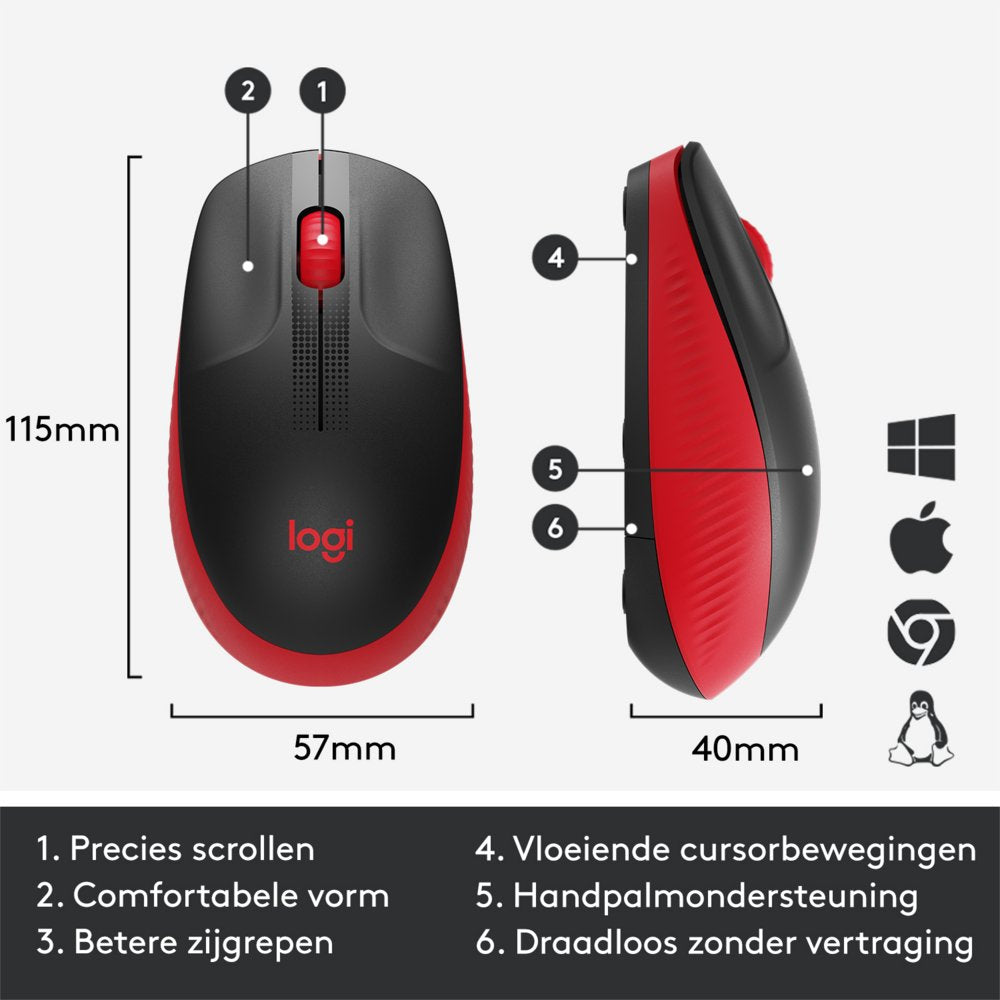 Logitech M190 | Draadloze Muis | Links- en Rechtshandig | RF | 1000 DPI | Zwart/Rood