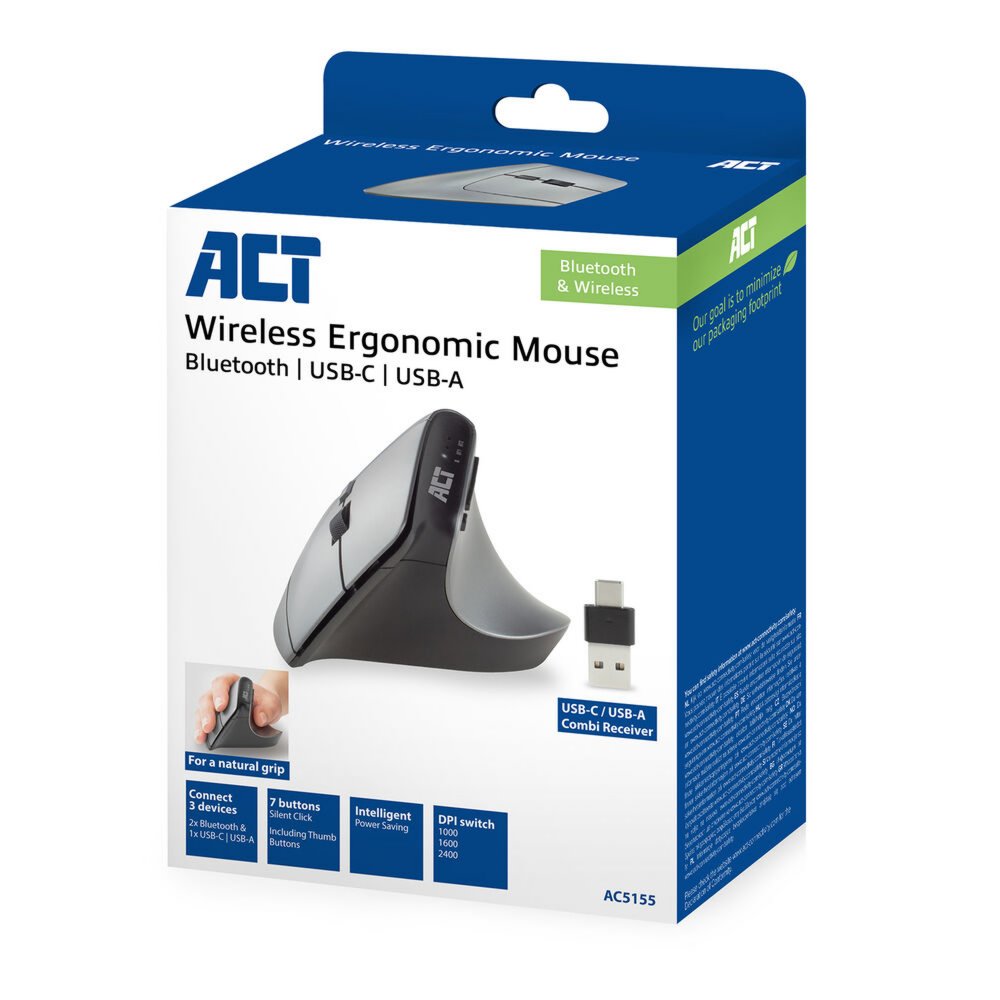 ACT AC5155 | Ergonomische Draadloze Muis | RF-Draadloos + Bluetooth | USB-A en USB-C Receiver | 2400 DPI | Zilver/Zwart