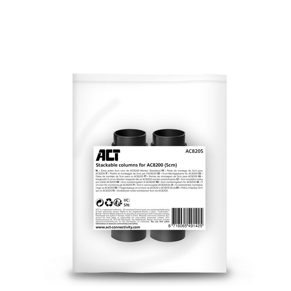 ACT AC8205 | Verhogingsset voor Monitorstandaard AC8200 | 5 cm Verhogen | Set van 4 Poten | Zwart