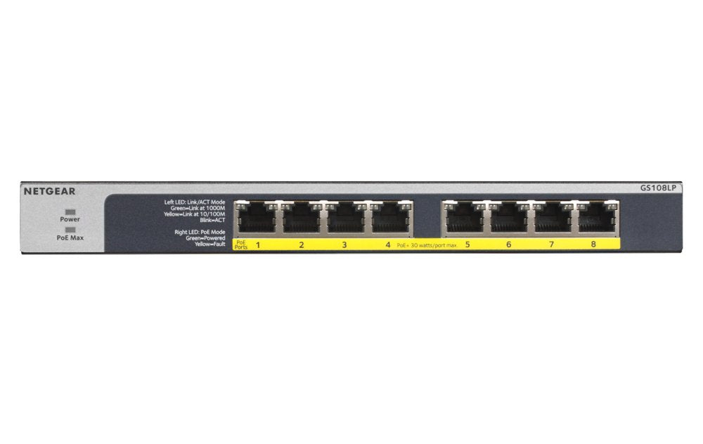 NETGEAR GS108LP | Unmanaged Switch | 8 Poorten | Gigabit Ethernet (10/100/1000 Mbps) | 8x PoE+ (60W) | FlexPoE | Fanless | 1U