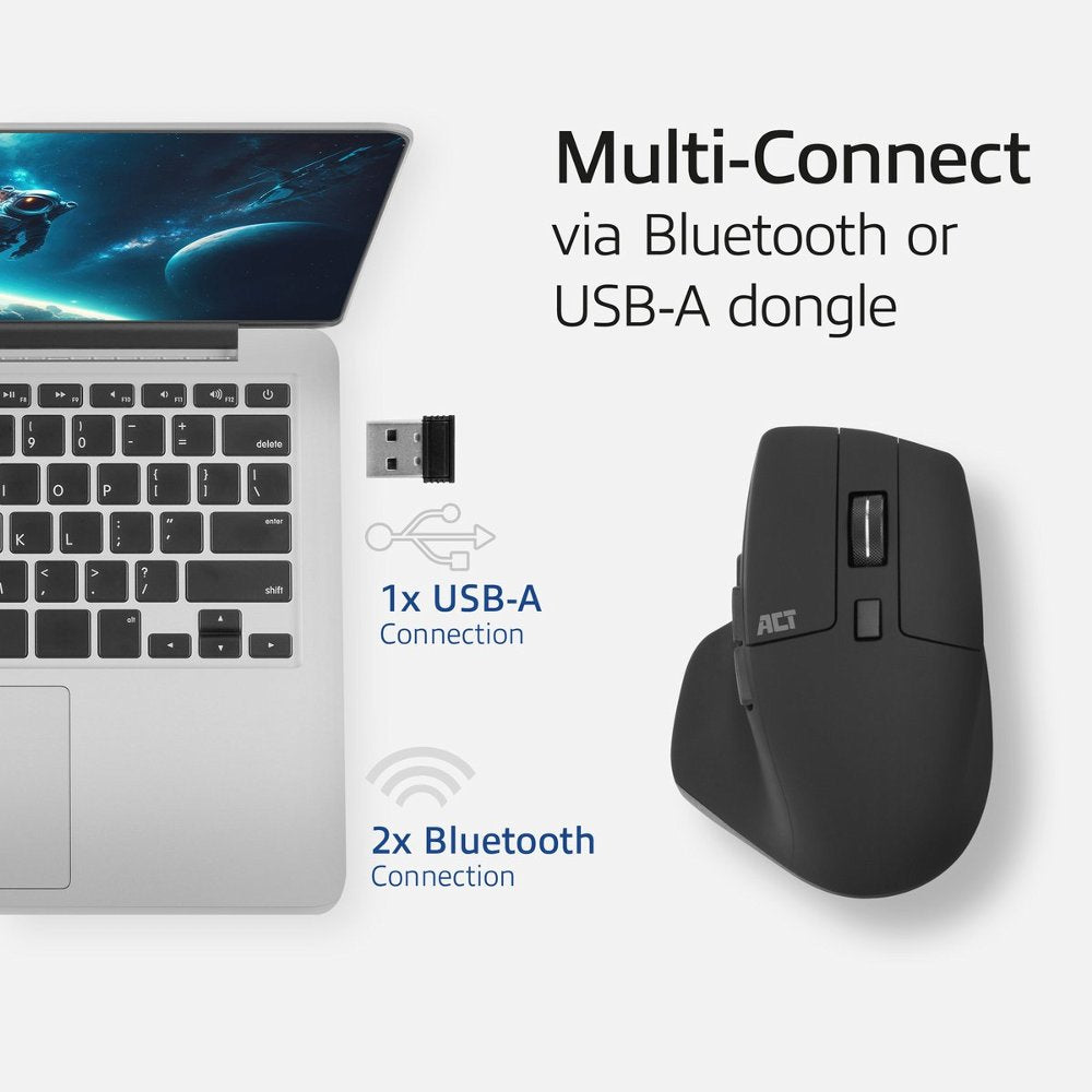 ACT AC5147 | Draadloze Multi-Connect Muis | Bluetooth en USB-A Ontvanger | Oplaadbaar | 4800 DPI | Stille Klik | Zwart