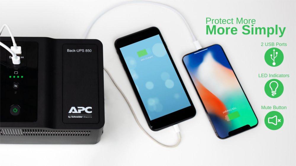 APC Back-UPS BE850G2-GR | 850 VA | 8 Schuko Stopcontacten (6 op Accu) | USB Type-A & C | AVR Spanningstabilisatie | Beschermi
