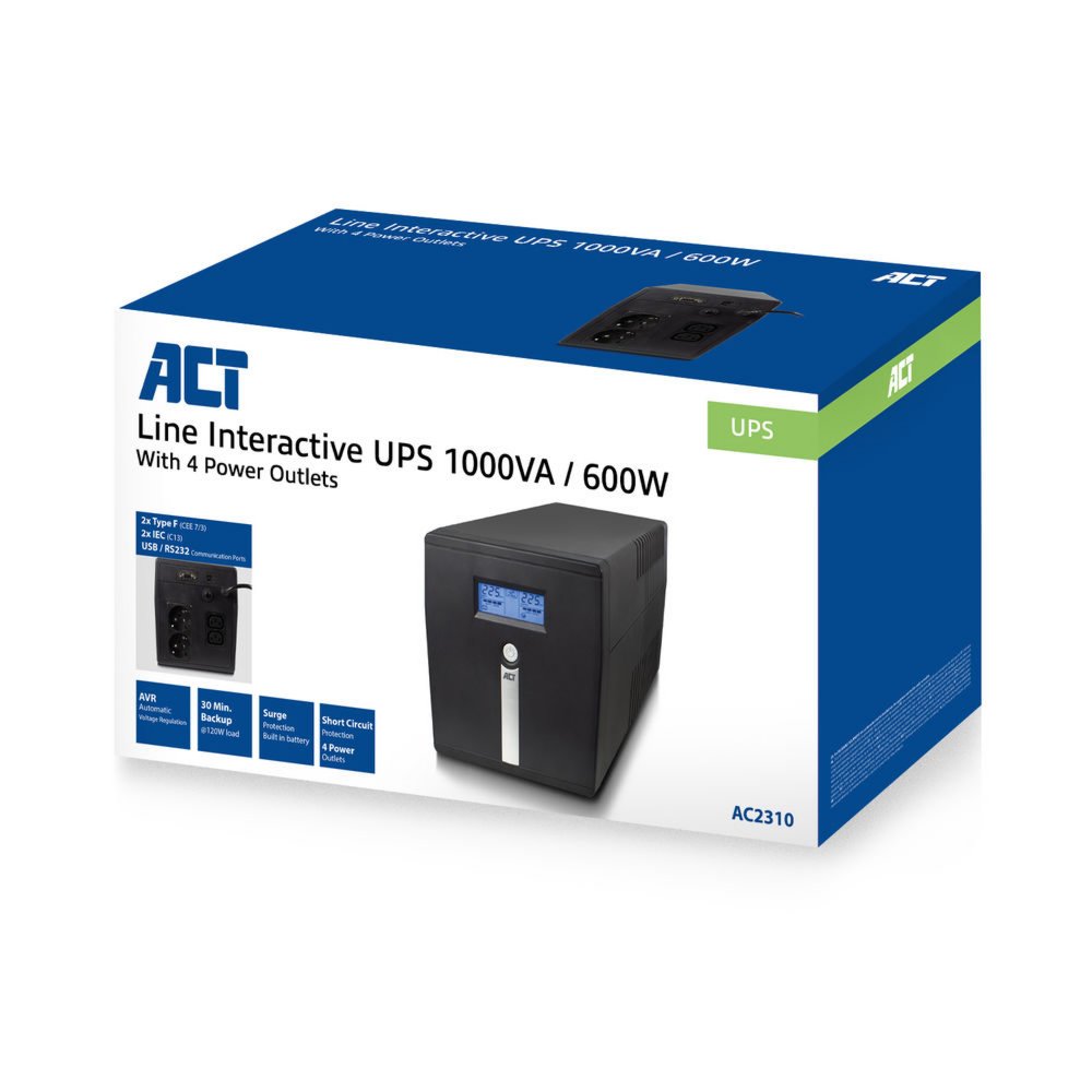 ACT Line-Interactive UPS AC2310 | 1000 VA Vermogen | 4 Uitgangen | Spanningstabilisatie met AVR | Beveiliging bij Netstoringe