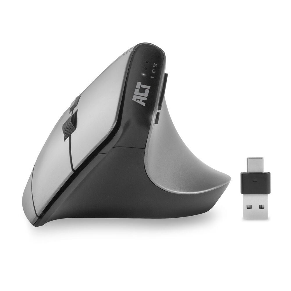 ACT AC5155 | Ergonomische Draadloze Muis | RF-Draadloos + Bluetooth | USB-A en USB-C Receiver | 2400 DPI | Zilver/Zwart