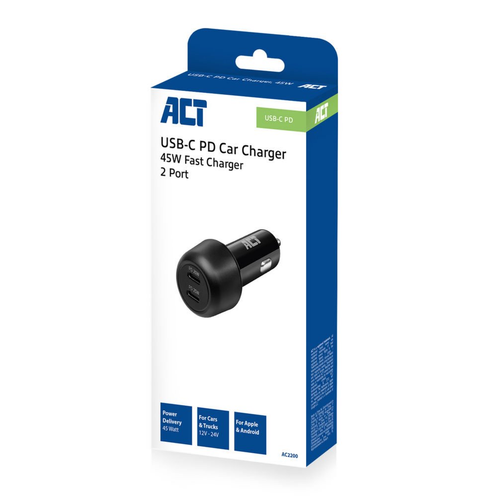 ACT AC2200 | USB-C Autolader voor Mobiele Apparaten 25W | Zwart