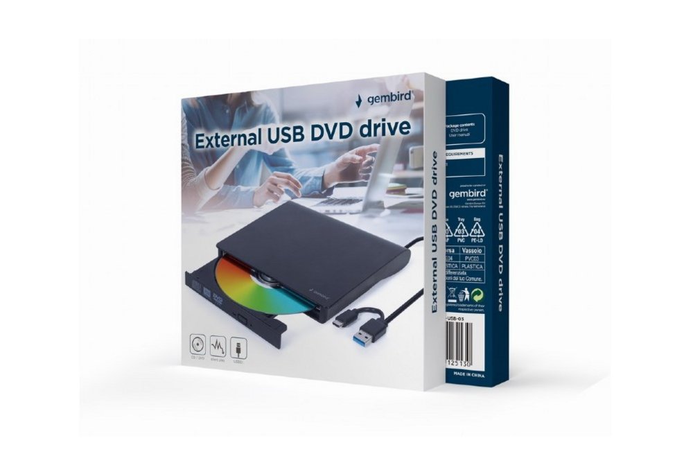 Gembird DVD-USB-03 | Externe CD/DVD Brander & Speler | USB & USB-C | Compact ontwerp | Zwart
