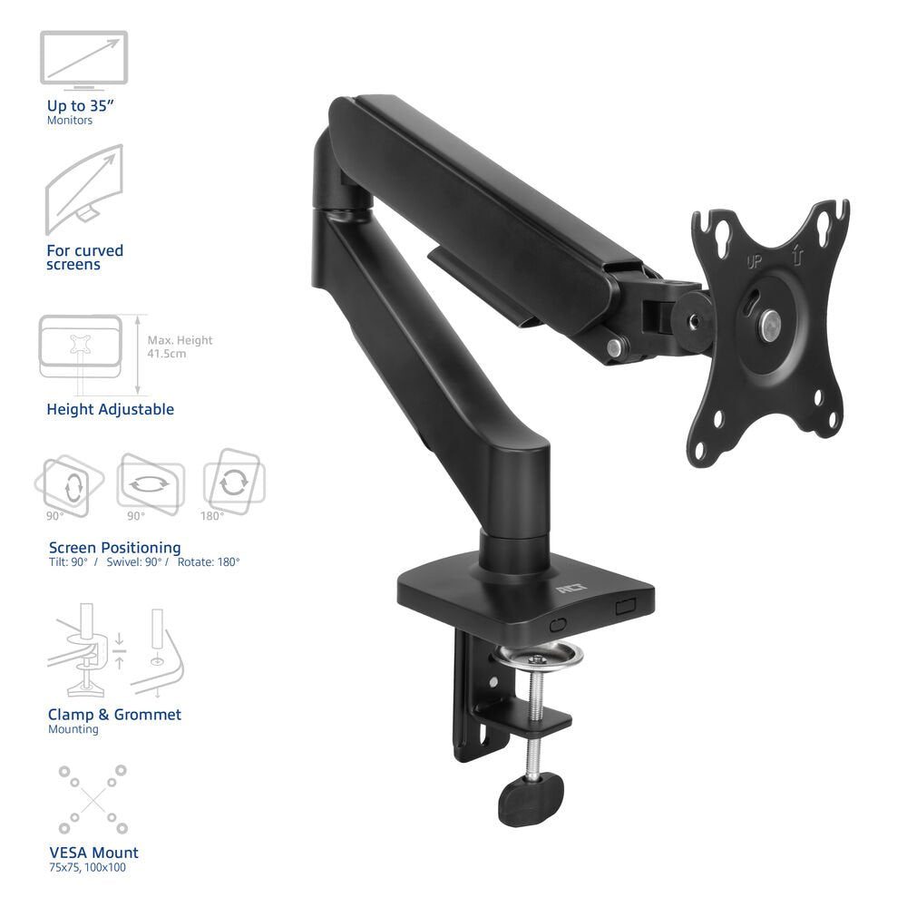 ACT AC8313 Essentials | Verstelbare Monitor-bureaubeugel | Tot 35" | Max 9 kg | VESA 75x75 / 100x100 | 1 Monitor | Gasveer