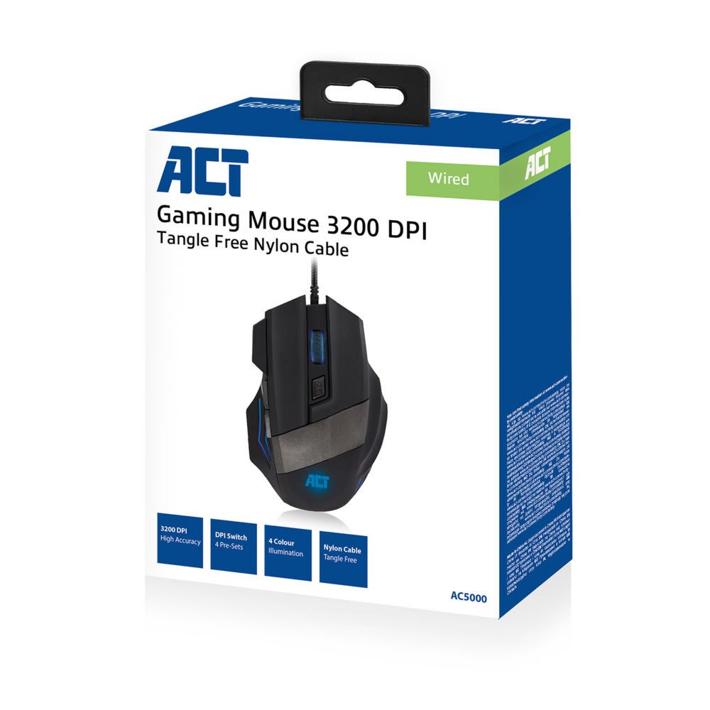 ACT AC5000 | Bedrade Gaming Muis | Rechtshandig | USB-A | 3200 DPI | Zwart