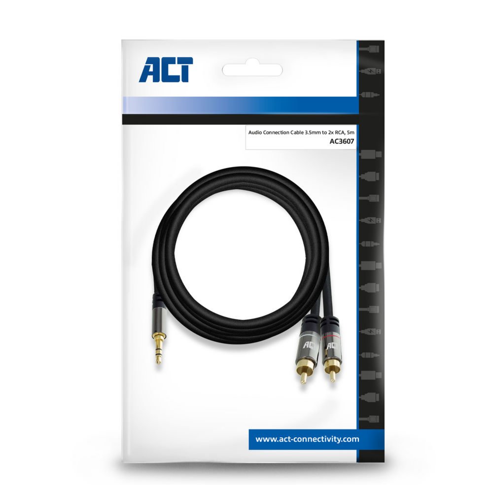 ACT AC3607 | 3.5mm naar 2x RCA Audiokabel | 5 Meter | Stereo | Zwart