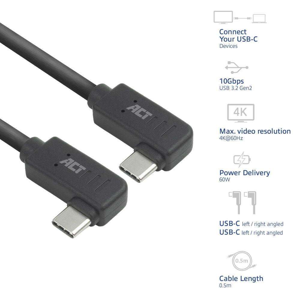 ACT AC7486 | USB 3.2 Gen 2 Kabel | USB-C (haaks links/rechts) naar USB-C (haaks links/rechts) | 60W | 10Gbps | 0,5m | Zwart