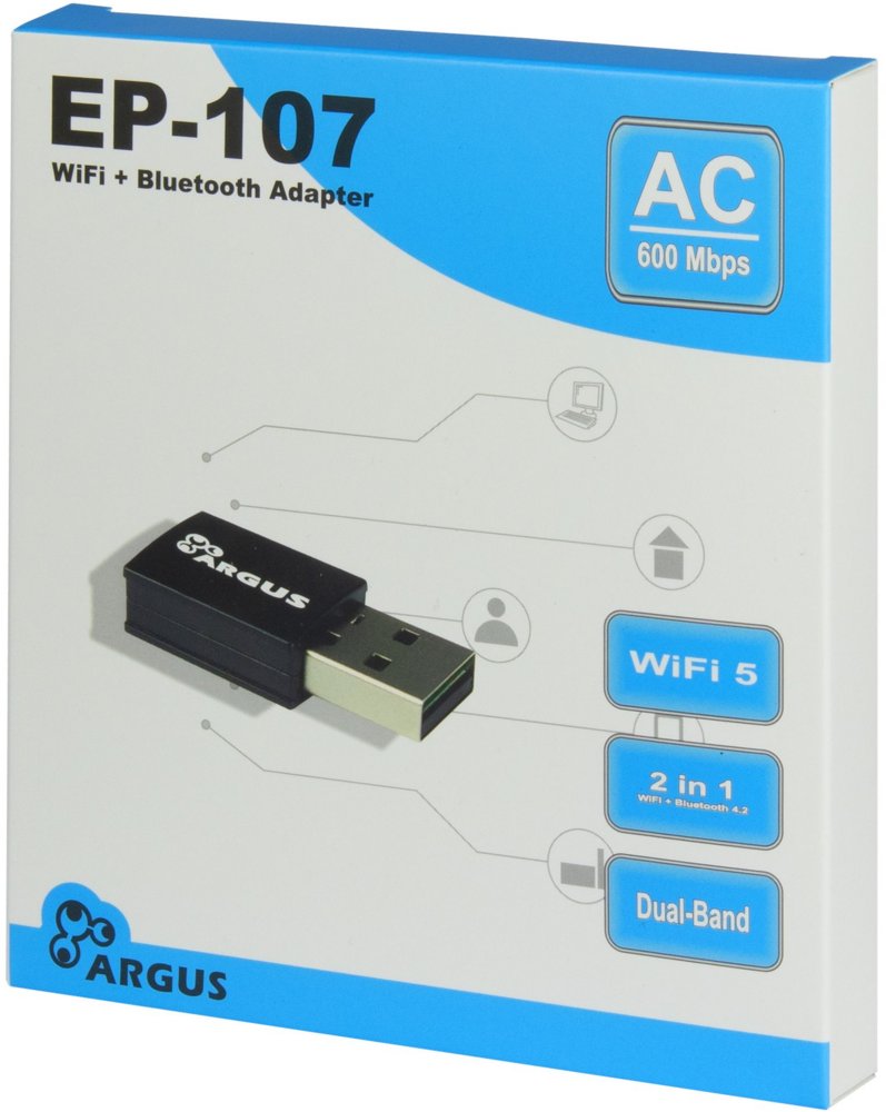 Argus EP-107 | Wi-Fi 5 USB Adapter | 600 Mbps | Dual-band (2,4 GHz / 5 GHz) | Bluetooth 4.2 | USB 2.0